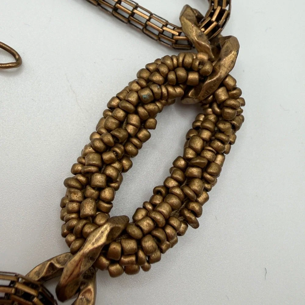 Chicos Womens Antique Gold Mesh and Black Seed Bead‎ Adjustable Chain Belt